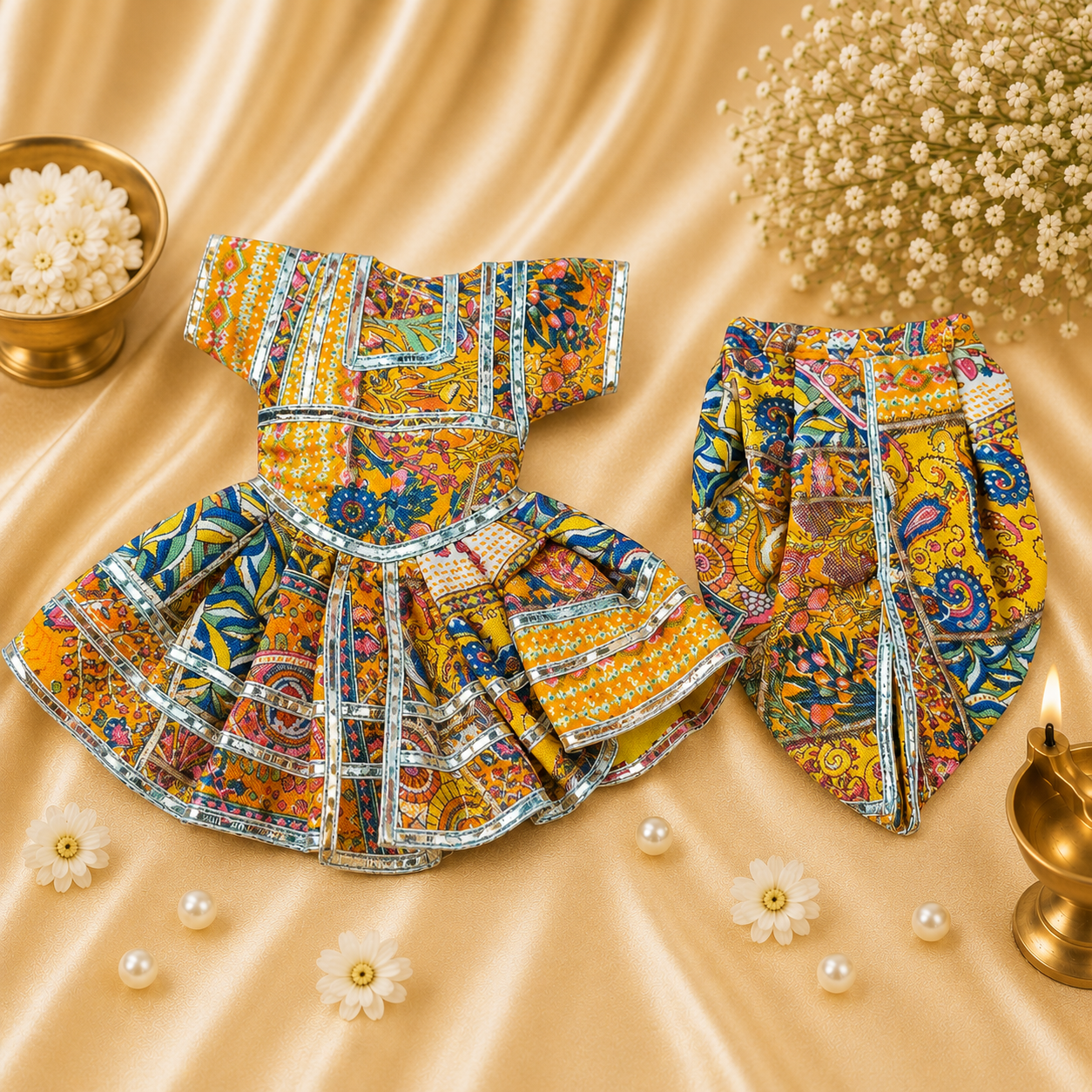 VanaTulsi BasantLeela Shringar Poshak for Laddu Gopal . Premium Printed Krishna Ji Dress