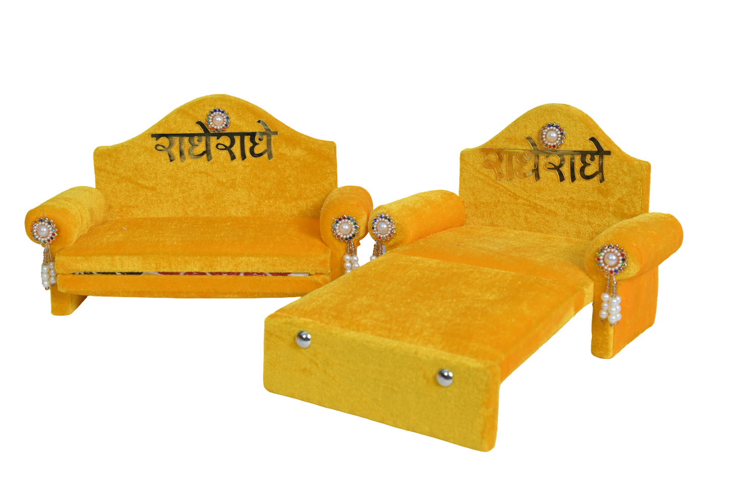 Laddu Gopal 2-in-1 Sofa Cum Bed Singhasan with Yellow Velvet Fabric