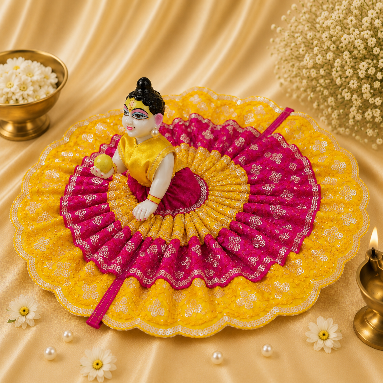 VanaTulsi SuryaPushp Shringar Poshak for Laddu Gopal , Premium Sequin Embroidered Krishna Ji Dress