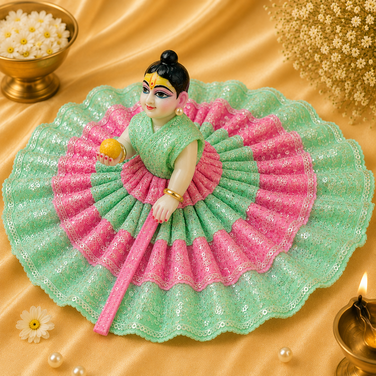 VanaTulsi ShwetPushp Shringar Poshak for Laddu Gopal , Premium Sequin Embroidered Krishna Ji Dress