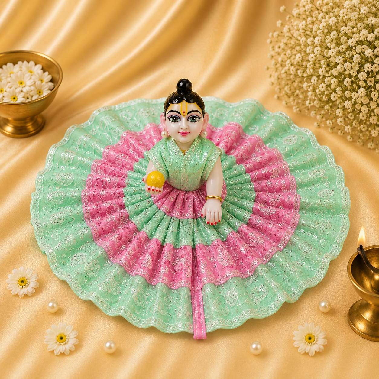VanaTulsi ShwetPushp Shringar Poshak for Laddu Gopal , Premium Sequin Embroidered Krishna Ji Dress